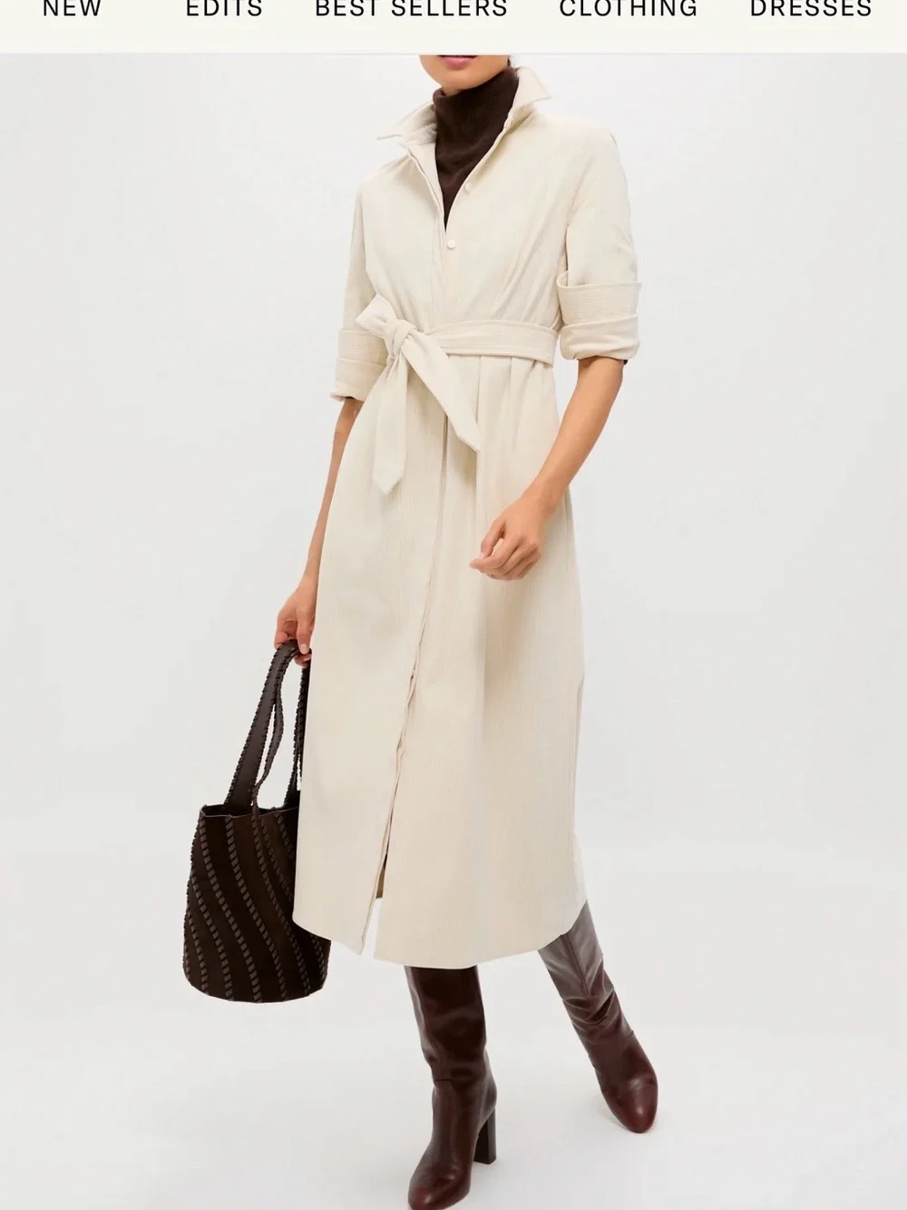Tuckernuck Cream Corduroy Long-Sleeve Belted Midi Dress